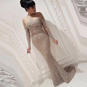 Seksi Illusion Uzun Kollu Altın Payetli Mermaid Arapça Dubai Kadınlar Gelinlik Modelleri 2019 Akşam Parti Törenlerinde robe ...