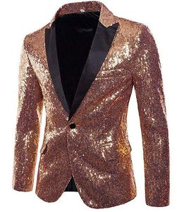 Gorgeous Rose Gold Men Show Coat Mäns Shiny Sequins Suit Jacka Blazer One Button Tuxedo för Party Wedding Bankett Prom