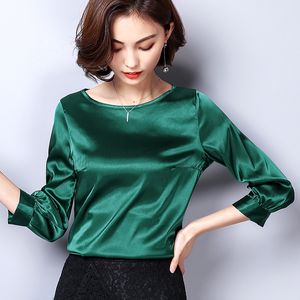 Women Blouses Casual OL Silk Blouse Autumn Loose Basic Satin Shirt Work Wear Blusas Feminina Tops Shirts Plus Size XXXL Pink/Red T200321