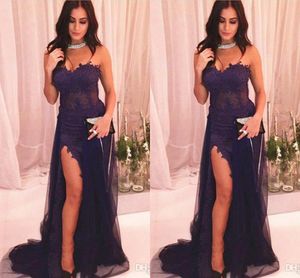 Sexig Aubergine Sheath Prom Klänningar Sweetheart Lace Applique Tulle Floor Length High Side Split Formal Dress Evening Gowns Ogstuff Custom