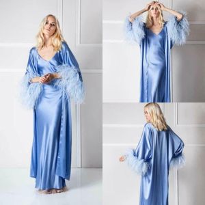 2 Stücke Frauen Feder Bademantel Nachtwäsche Braut Robe Lange Nachthemden Luxus Dessous Peignoir Kimono Morgenmäntel Roben