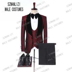 Elegant Groom Dress 2019 Classic Italian Tuxedo Suit Design Burgundy Leaves Velvet Lapel Men Suits For Wedding Party Tuxedos
