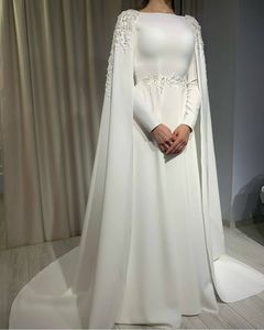 Branco Manga Longa Uma Linha Árabe Dubai Vestido De Casamento com Cape Lace Appliques Plus Size Satin Vestido de Novia Mulheres Vestidos Bridais