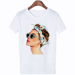 Damskie zabawne koszulki graficzne casual krótki rękaw lato słodkie turban dziewczyna drukowana koszulka topy trójniki (S-3XL)