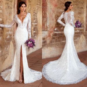 Kitty Chen 2019 Mermaid Lace Wedding Dresses Front Split Long Sleeve Sexy Deep V Neck Appliqued Bridal Gowns Sweep Train Beach Wedding Dress