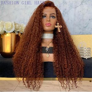 Brown 13x4 koronki przednie ludzkie włosy peruki dla kobiet kręcone głębokie wodę Peruka w kolorze bezklepowniczym z włosami