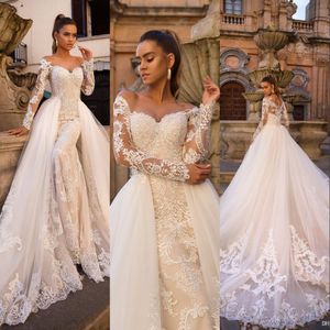 2021 Champagne Blush Pink Mermaid Wedding Dresses Sweetheart Long Sleeves Full Lace Appliques Beaded With Tulle Detachable Train Overskirts Formal Bridal Gowns