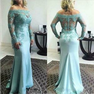 2019 elegante mãe da noiva Vestidos Off Ombro Lace Appliqued mangas compridas Vestidos de noite personalizados comprimento do chão do casamento vestido de convidado