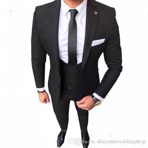 Szczupły pasuje Groom smoking Man Black Work Suit Notch Lapel Mens Odzież Wedding Blazer Party Business Garnitury (kurtka + spodnie + kamizelka + krawat) j711