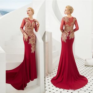 Elegant Red With Gold Embroidery Evening Dresses Mermaid Sheer Long Sleeve Sexy Illusion Back Long Prom Party Gowns Robe de Soiree