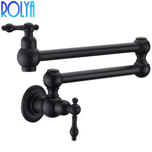 Rolya Black&Chrome Solid Brass Single Handle Extended Pot Filler Faucet Swing Spout Wall Mount Single Cold Kitchen Tap