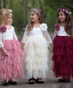 2020 новые с длинными рукавами Цветочные девушки платья кружева многоуровневые тюль юбка лодыжки длина драгоценного шеи джевеведола детей формальный день рождения вечеринка носить на заказ