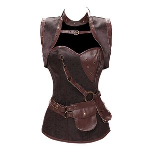 Dobby Faux couro punk espartilho de aço desossado vestuário gótico treinador basco steampunk corselet cosplay party outfits s-6xl y19070201