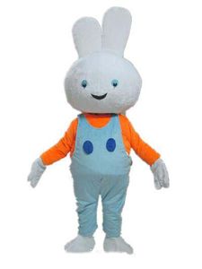 2019 Factory Outlets ha in vendita un costume mascotte da coniglietto bianco con camicia arancione e pantaloni con bretelle blu