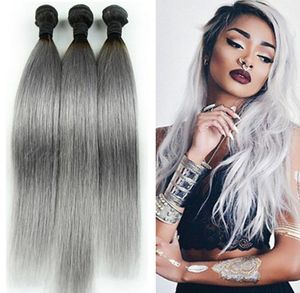 Wholesale silver grey hair for sale - Group buy B Grey Dark Root Ombre Brazilian Virgin Bundles Straight Black and Silver Grey Ombre Human Hair Weave Extensions