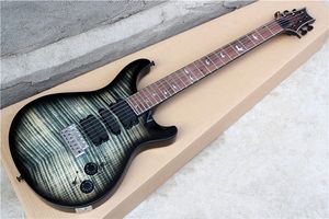 Guitarra elétrica cinza personalizada fábrica com hardware preto, pickups HSH, folheado de plátano de chama, pode ser personalizado