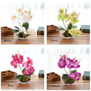 2 Conjunto Trigeminal Phalaenopsis simulação bonsai planta Artificial flor + vaso conjunto de flores decorativas mesa De Casa quarto acessório