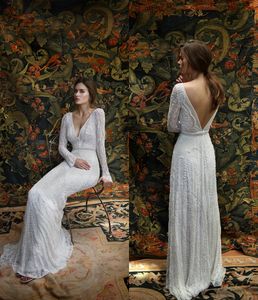 Lihi Hod 빈티지 레이스 웨딩 드레스 V 목 섹시한 배킹 바닥 길이 해변 신부 가운 Appliqued 비즈 Luxry 웨딩 드레스 맞춤 제작