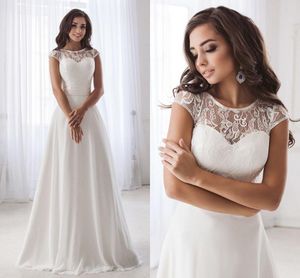 Tanie Scoop Neck Lace Sukienka ślubna 2020 Rękawów Plds Belt Szyfon Suknie Ślubne Plaża Robe de Soiree Open Back Casamento