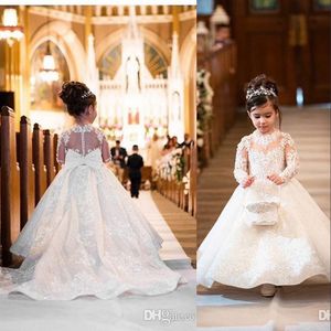 New Princess Flower Girl For Weddings Illusion Full Lace Appliques Tulle Long Sleeves Child Birthday Communion Girls Pageant Dresses