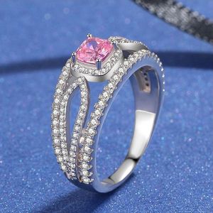 Wholesale- Europe and America silver plated ring luxury designer jewelry pink square CZ diamond ladies ring with box fashion explosion
