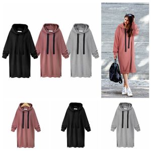 Moda com capuz com capuz manga comprida cor sólida camisola solta com capuz longo túnica moletons plus hoodie maxi dress ooa3932