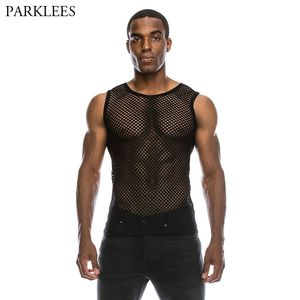 2018 Moda erkek Fishnet Mesh Tank Tops Seksi See Through See Nefes Şeffaf Sıkı Yelek Vücut Geliştirme Performans Kulübü Giyim