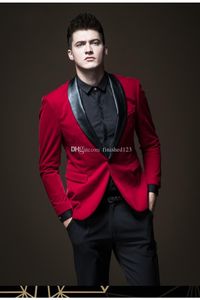 Popularne Przystojny Przycisk Red Velvet Wedding Groom Tuxedos Szal Lapel Groomsmen Mężczyźni Garnitury Prom Blazer (Kurtka + Spodnie + Krawat) No: 1873