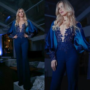 Elegant Evening Dresses Long Sleeves Lace Appliques Beads Pants Dress Prom Gowns 2020 Custom Made Plus Size Special Occasion Dress