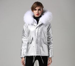 giacche impermeabili fodera in pelliccia di coniglio bianco mini parka argento marchio Meifeng cappuccio con cappuccio in pelliccia bianca da donna cappotti da neve