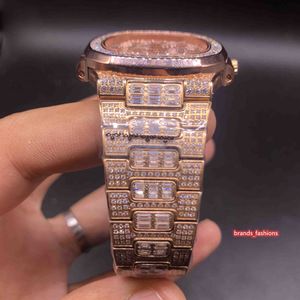 2023 Men Men's Iced Diamond Watch Rose Gold Aço inoxidável RESPOSTA ASSISTA DE DIAMIA FULELAÇÃO RELISTA AUTOMÁTICO DE DIAMAÇÃO MECÂNICA RAPELA