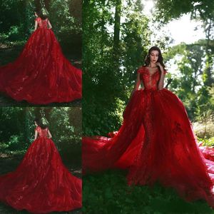 Luksusowe Red Mermaid Prom Dresses z odłączanym pociągiem 2019 Suknie wieczorowe Koronka Aplikacja Zroszony Vestidos De Fiesta Specjalna okazja Dress