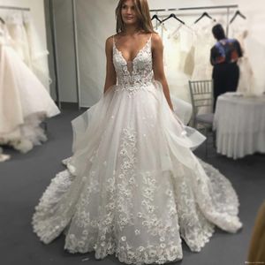 Elegant Lace Wedding Dresses A Line Spaghetti V Neck Backless Bridal Gowns Bead Lace Tulle Sheer Formal Gowns for Bride Wed Dress Wed