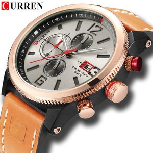 Fashion Mens Chronograph klockor ￤kta l￤derband kvarts armbandsur curren casual sportstil vattent￤t 99ft relojes