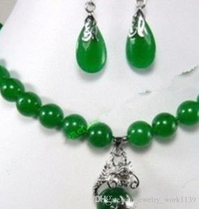Naszyjnik Biżuteria 001238 Moda Biżuteria piękny 10mm zielony jadeit kolczyk smok wisiorek Naszyjnik zestaw Naturalny klejnot