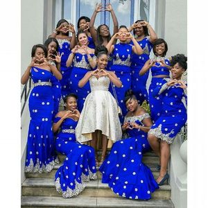 Royal Blue White Haft African Wedding Guest Suknie 2019 Jedno ramię aplikacja Mermaid Płaszcza Custom Made Druhna Dress Black Girls