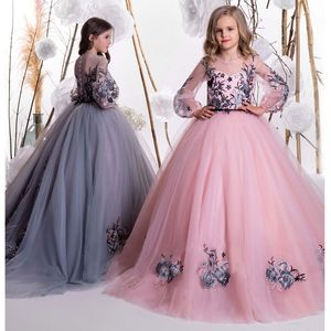 Zarif Balo Çiçek Kız Elbise Düğün İçin Sırf Jewel Boyun Aplike Toddler Pageant Abiye Uzun Kollu Tül Çocuk Balo Elbise