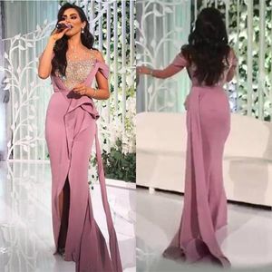 Fashion Evening Dresses Pearls Beaded Sheer Neckline Blush Pink Prom Gowns Custom Made Split Sweep Train Satin Special Occasion Dress