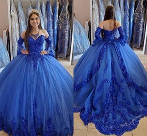 Vintage Royal Blue Princess Quinceanera Ball Suknie 2020 Sweetheart Koronki Aplikacje Zroszony Z Długim Rękawem Formalne Wieczór Prom Suknie AL5101