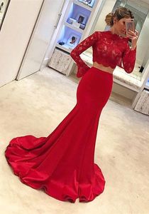 Röd High Neck Long Sleeves Mermaid Prom Klänningar Sexiga Två Pieces Lace Appliques Top Satin Long Evening Party Gowns BC1618