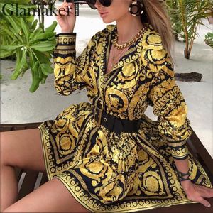 Sexy paisley vintage print gold dress Women holiday beach casual dress Summer elegant short blouse dress party club large size