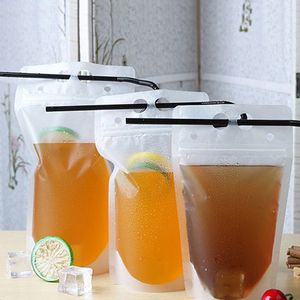 Drink Pouches Zipper Seal Juice Bag Plastic Beverage Milk Coffee Takeaway with Handle Holes for Straw Takeout Disposable Drinkware