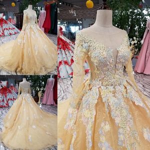 Vestido de Noiva Appliques Pizzo Principessa Champagne Abiti da sposa 2020 Maniche lunghe Embirodery Ball Gown Abito da sposa arabo