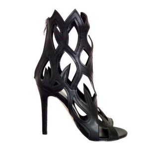 Vendita calda-Moda Donna Sandali con tacco alto Hollow Fire Nightclub Scarpe con la bocca di pesce in pelle nera col tacco alto Scarpe eleganti da sera con ritagli sexy