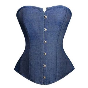 Mulheres Blue Denim Jeans Overbust Corset Plus Size S-6XL Classic Lace-up Plástico Desossado Bustier Lingerie Night Out Clubwear Cosplay Outwear