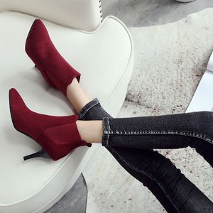 Hot Sale-08-11ascp Super Stor kod Höst Vinter Fine High Heel Pointy Elastic Pure Color Sexig Suede Ankel Boots Kvinna