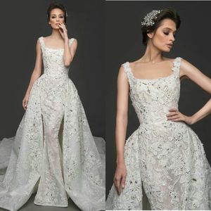 2020 Eleganta kvällsklänningar Kvadratiska Neck Lace Appliques Pärlor Prom Lökar Skräddarsydda Avtagbara Tåg Mermaid Special Occasion Dress