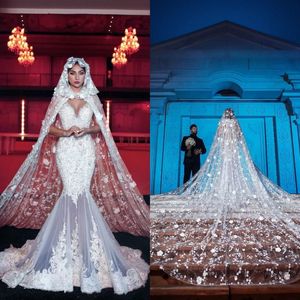 Luksusowe Długie Bridal Okładki Welony z Koronką Koronką 3D Kwiatowy Aplikacja 300 CM Katedra Długość Płaszcze Mantilla Wedding Płaszcze do Sukni Ślubnych