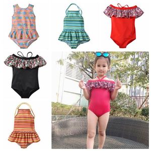 Kids Swimwear Girls Striped Ruffle Swimsuit One-Pieces Bikini Floral Print Rompers Bodysuit Bathing Suit Baby Summer Fashion Beachwear A5073
