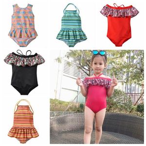 Barn baddräkt tjejer randig ruffle baddräkt enstycken bikini blommig print rompers bodysuit baddräkt baby sommar mode beachwear a5073